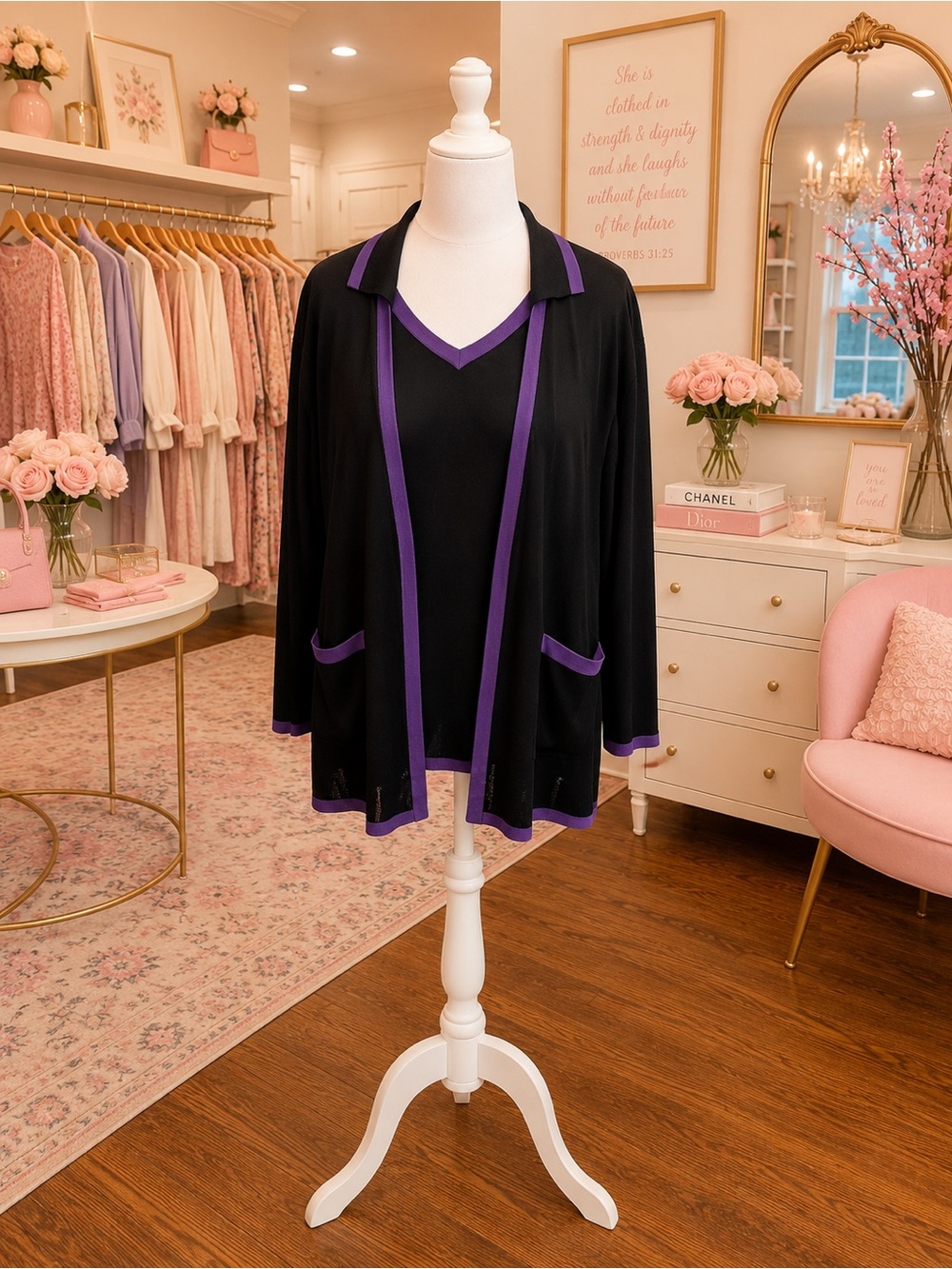 Misook 2 Piece 3X Black Purple Trim Stretch Knit Cardigan Tank Set Career Chic